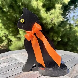 Halloween Black Cat 9" Wood Folk Art Handcraft Orange Ribbon Spooky Shelf Sitter